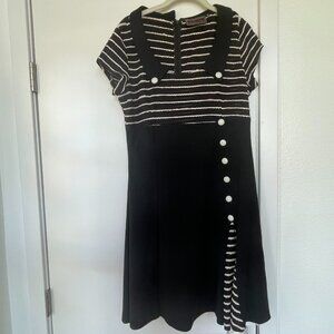 Voodoo Vixen Sailor Dress, Black and White Midi with Button Accents, Stripes, XL